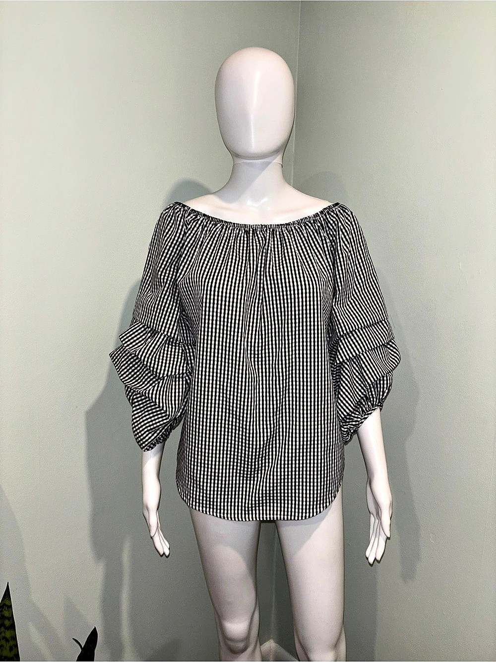 KONTROL Black and White Gingham Off-the-Shoulder Puff 3/4 Sleeve Blouse - XL